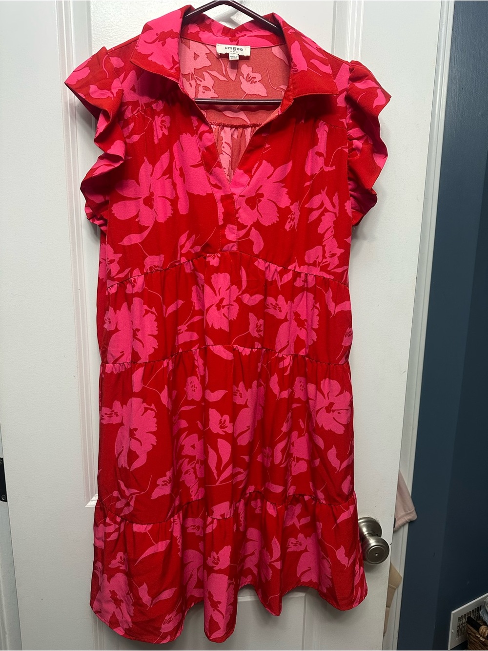 Umgee Red and Pink Floral Ruffle Sleeve Tiered Dress